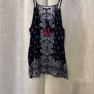 Blue and White Paisley Tank Top with Red Fringe Tie Detail